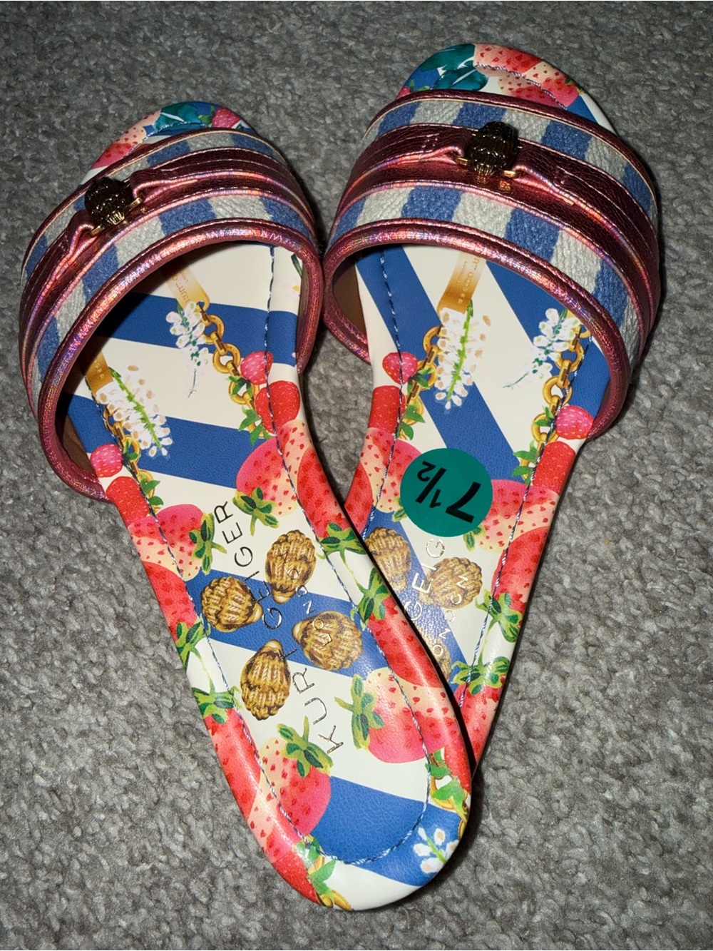 Kurt Geiger Blue White Floral & Stripe Slide Sandals with Metallic Pink Straps